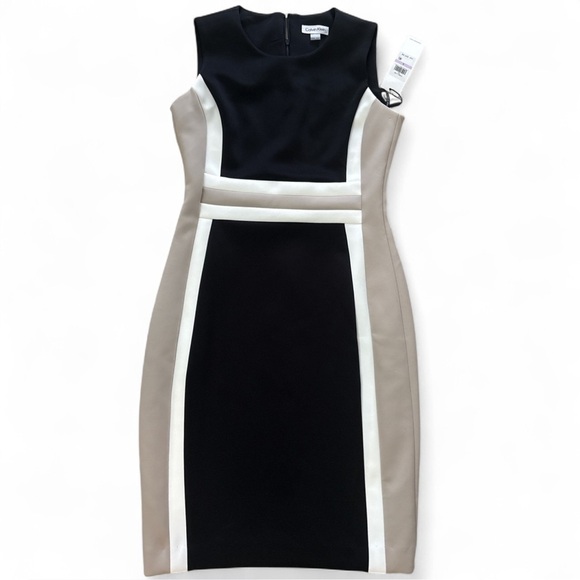 NWT Calvin Klein Black & White Color-Block Mock Neck Scuba Sheath Dress Size 6 - Picture 2 of 6